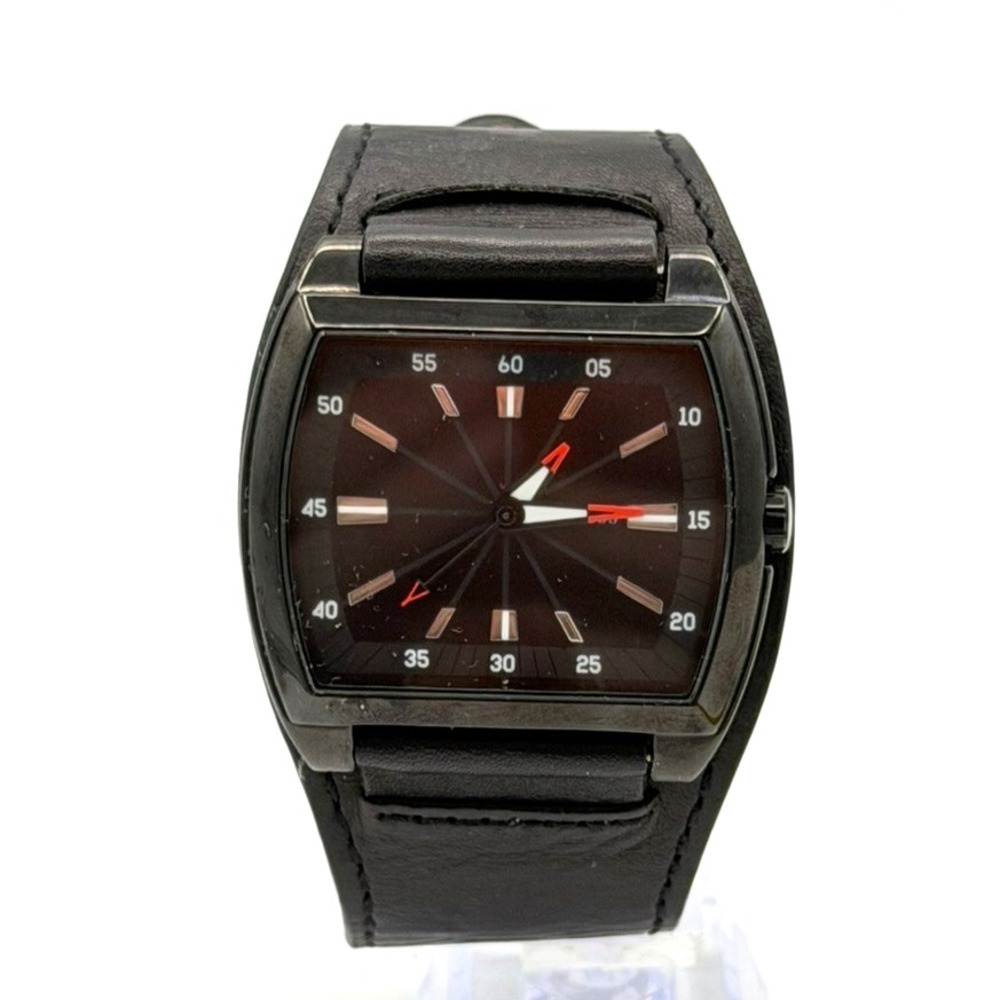 Guess Mens Watch Black Tonneau Case Leather Bund Cuff Strap Red Accents Quartz